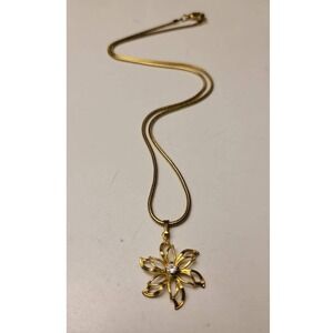 Vintage Gold Tone Flower Pendant Necklace with Clear Crystal Accent Snake Chain